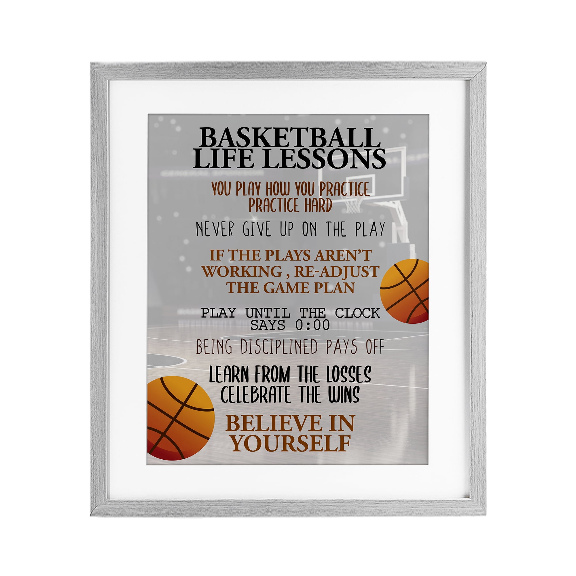 Basketball Life Lessons Gray Framed Print Under Glass, design by Kim Allen