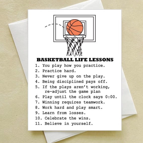 Basketball Life Lessons Greeting Card for Athletes, Motivational Sports Note with Hoop Illustration, Encouraging Card for Players and Coaches, Blank Interior for Personal Message