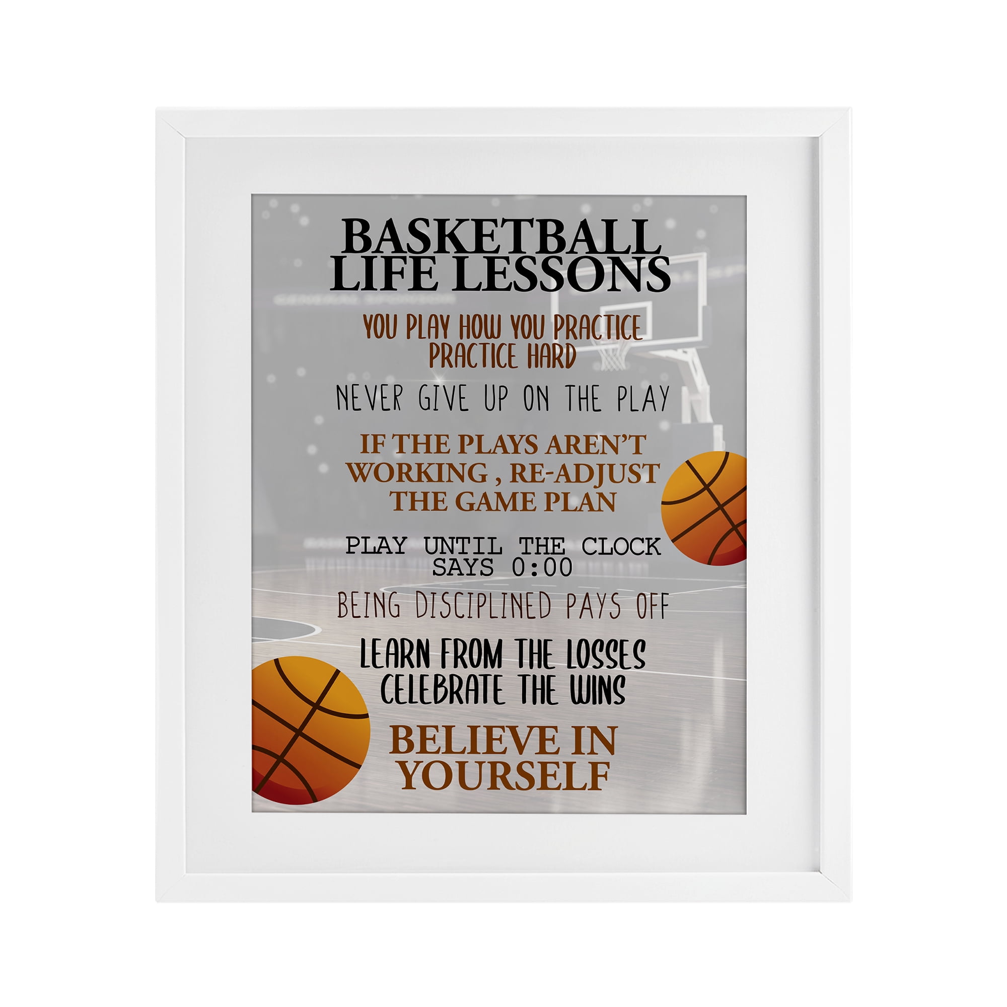 Basketball Life Lessons White Framed Print Under Glass, design by Kim Allen