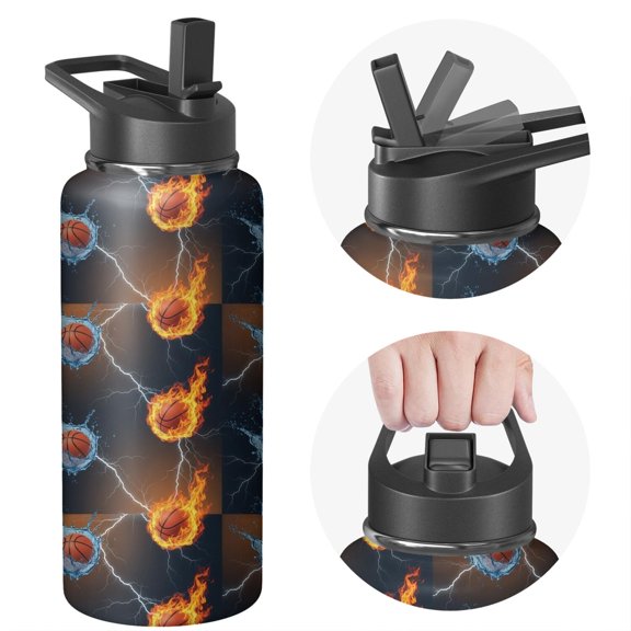 Basketball and Lightning Black Pattern Insulated Water Bottle with Straw, Vacuum Insulated Stainless Steel Drink Container Built-in Carry Handle Gifts Ideas for Teens Adults Office Workers Teachers
