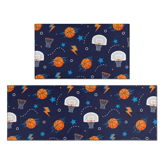 Basketball and Lightning Navy Pattern Anti Fatigue Kitchen Rugs Set Of 2, Non Slip Washable Decorative Floor Mats for Kitchen Sink Laundry, 17"x30" and 17"x47"