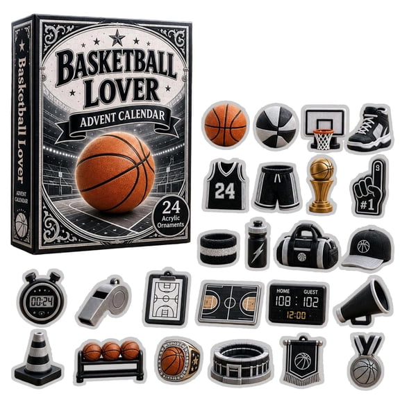 Basketball Lover Christmas Advent Calendar, 24Day Countdown Gift Box with Assorted Basketball Equipment 2D Acrylic Hanging Ornaments, SportsStyle Christmas Tree Decoration