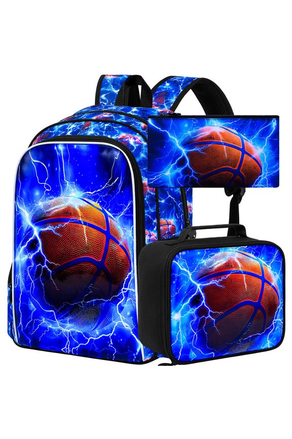 Basketball Luminous Backpack 3 Set Waterproof Bookbag Dourable Computer Bags Daily Packs Lunchbox Pencil Box