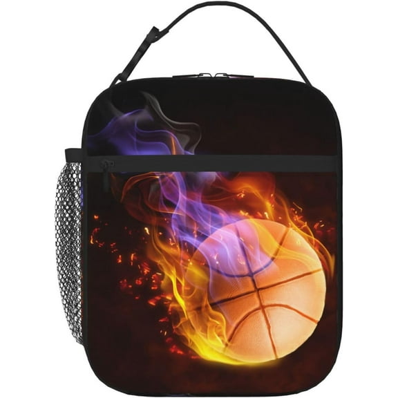 Basketball Lunch Box with Fire Pattern, Sports-themed Lunch Bag for Kids Teens Adults Boys Men, Insulated Leakproof Waterproof Reusable Lunch Bags Portable Durable Cooler Tote Bag with Mesh Pocket