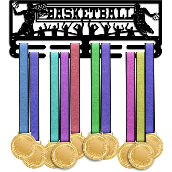Basketball Medal Hanger Holder Trophy Display Rack Hanger Awards Ribbon Cheer 2 Lines Sport Award Rack Wall Mount Iron Frame for Over 50 Medals Necklace Jewelry 15.75 Inch/40cm Black