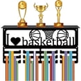 thumbnail image 1 of Basketball Medal Holder Trophy Shelf Medal Hanger Display with Shelf Stand Ribbon Organizer Sports 3 Rows Wall Mount Hold 60+ Medals for Players Football Running Swimming Awards Rack, 1 of 8