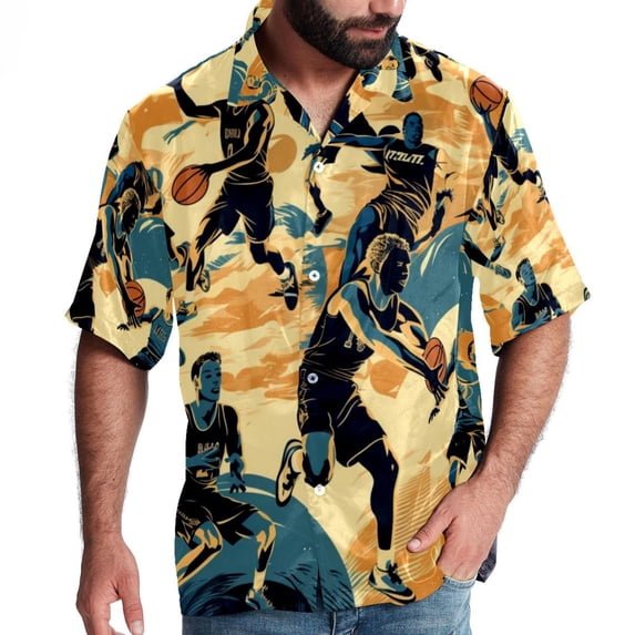 Basketball Men's Button Down Spread Collar Casual Printed Short Sleeve Summer Beach Unisex Shirts