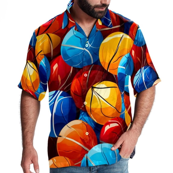 Basketball Men's Casual Printed Button Down Short Sleeve Poplin Hawaiian Beach Shirt with Spread Collar Tops
