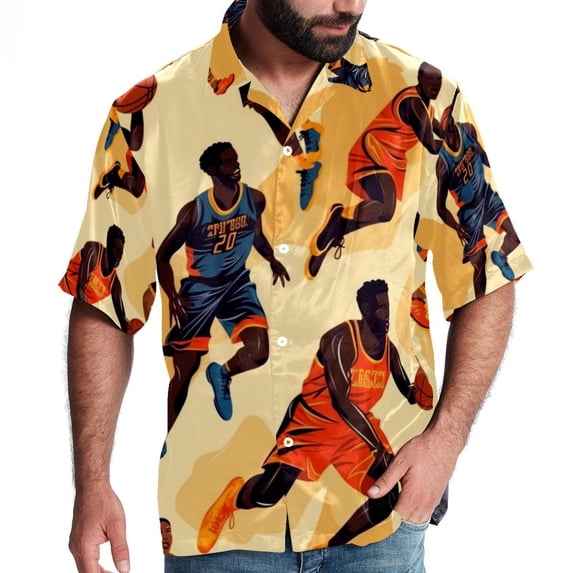 Basketball Men's Short Sleeve Poplin Button Down Shirts - Casual Printed Summer Beach Tops for Men