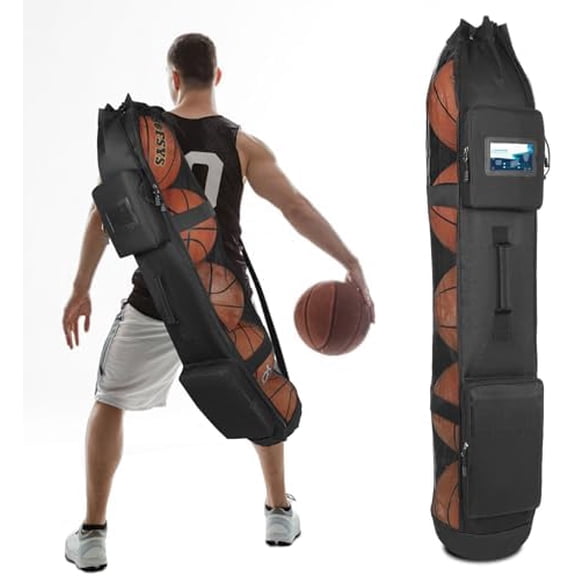 Basketball Mesh Equipment Ball Bag, 5 Ball Basketball Bag Heavy Duty Basketball Carrying Net Bag - Basketball Coach Bags for Team Balls, Sling/Adjustable Shoulder/Tube Style