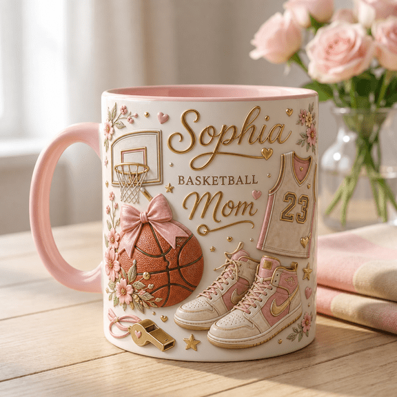 Basketball Mom Mug Personalized Name 3D Effect Coffee Cup with Sneakers & Whistle