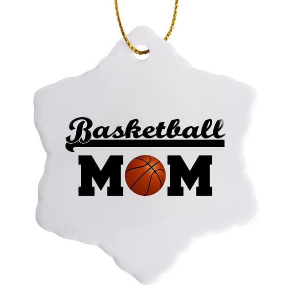 3drose, Basketball Mom with a Basketball. Black Letters on White Background., 3 inch Snowflake Porcelain Ornament