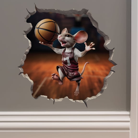 Basketball Mouse in Mouse Hole Decal - Mouse Hole 3D Wall Sticker