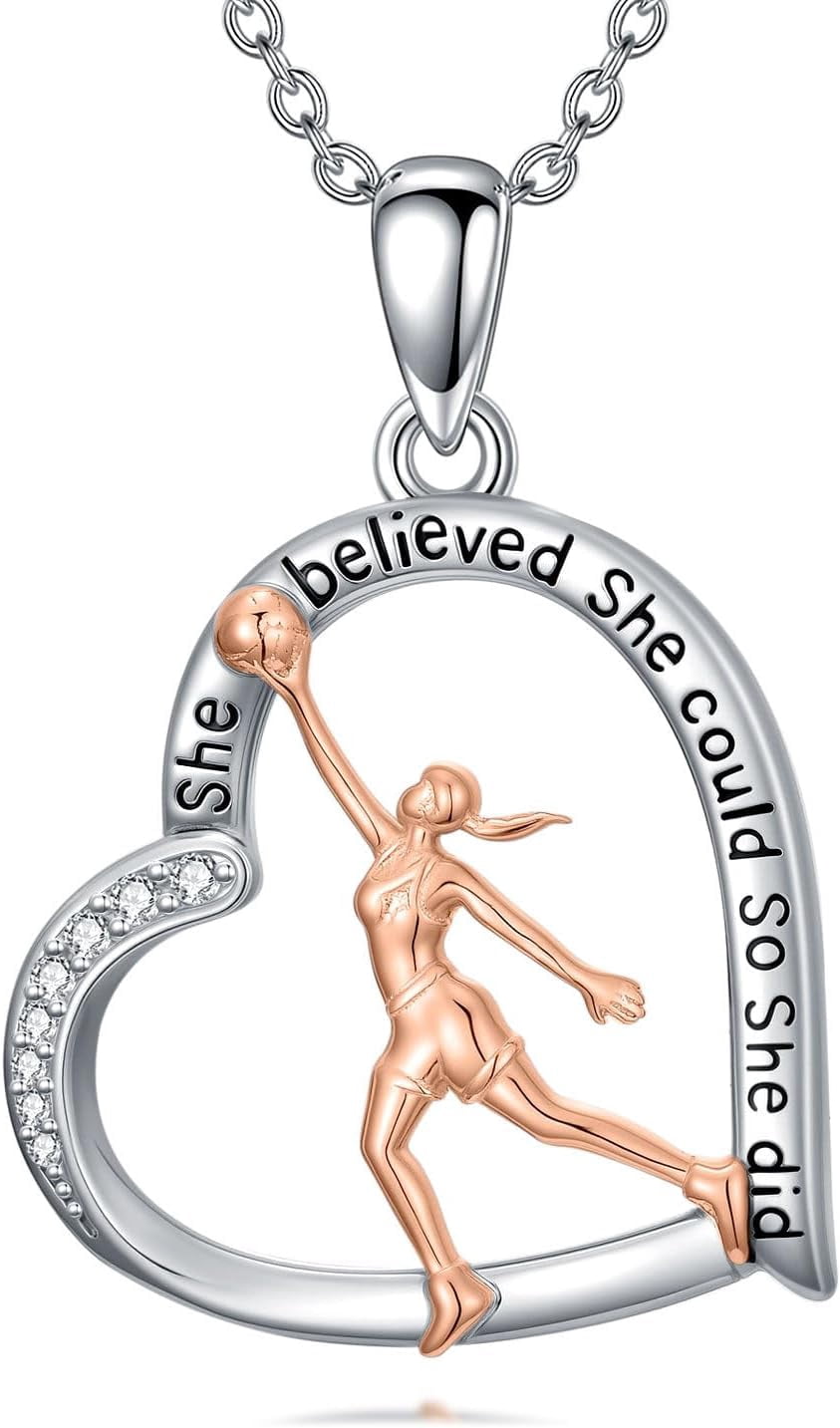 Basketball Necklace 925 Sterling Silver Basketball Heart Pendant Necklace Jewelry Gifts for Sports Lovers