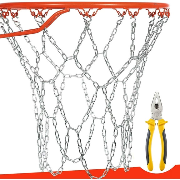 Basketball Net Heavy Duty Metal Chain Replacement with 12 S-hooks and Set of Pliers to Tighten Hooks | Rustproof Galvanized Iron 21-Inch (53 cm) Net (3.2mm Thick)