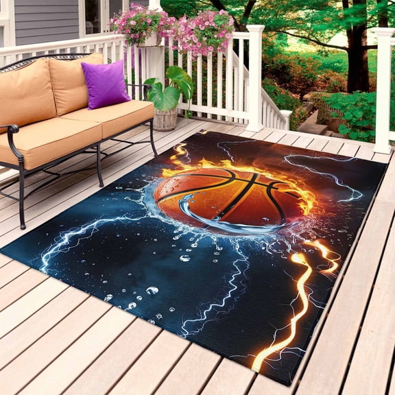 Basketball Outdoor Rug for Patio/Deck/Porch, Non-Slip Large Area Rug 4 x 6 Ft, Splashing Blue Red Water Fire Indoor Outdoor Rugs Washable Area Rugs, Reversible Camping Rug Carpet Runner
