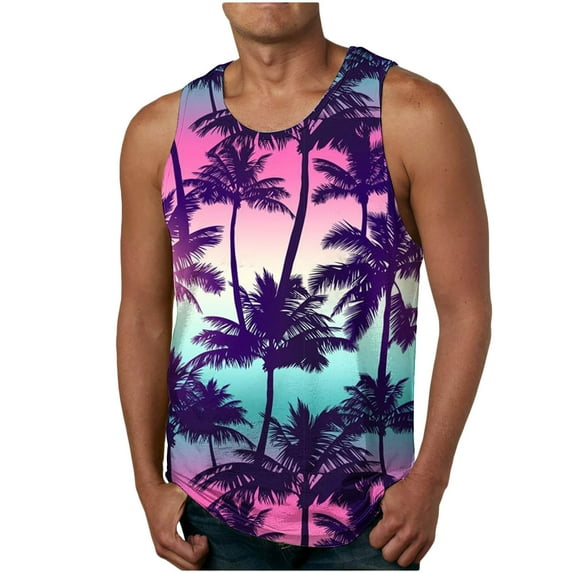 Basketball Palm Tree Tank Top for Men,Hawaii Tank Top Men Cool Novelty Printed Graphic Sleeveless Beach Tank Top,Muscle Shirt for Workout Gym Jogging,Hawaii Summer Vacation Tanks