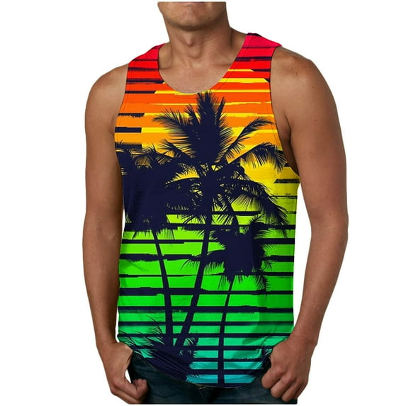 Basketball Palm Tree Tank Top for Men,Hawaii Tank Top Men Cool Novelty Printed Graphic Sleeveless Beach Tank Top,Muscle Shirt for Workout Gym Jogging,Hawaii Summer Vacation Tanks