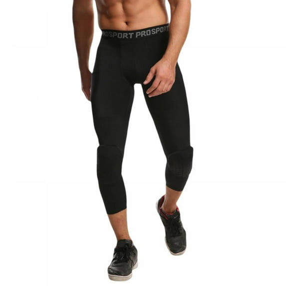 Basketball Pants with Knee Pads, Black/White Knee Pads Compression Pants, 3/4 Capri Leggings