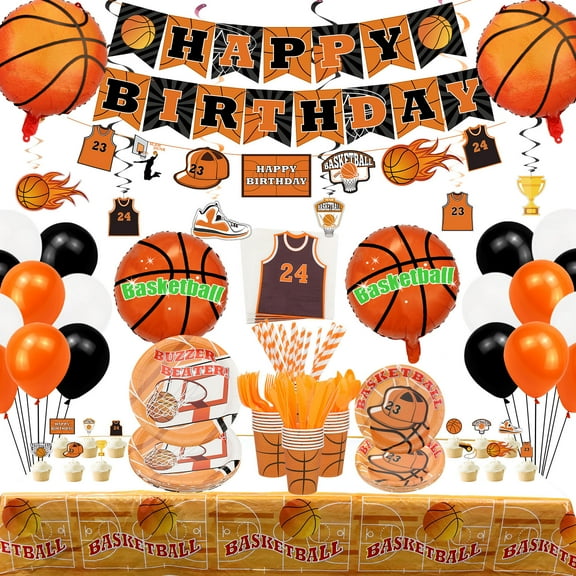 Basketball Party Decoration - Basketball Birthday Party Supplies Including 4 Basketball Balloons Set, Plates, Cups, Napkins, Tableware, Hanging Swirls, Banners, and Balloons - Serves 20