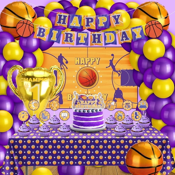 Basketball Party Decorations, 131PCS Basketball Birthday Party Supplies with Purple and Yellow Balloons Arch Kit, Basketball Theme Decor Backdrop Tablecloth Banners Cake Toppers for Game Competition