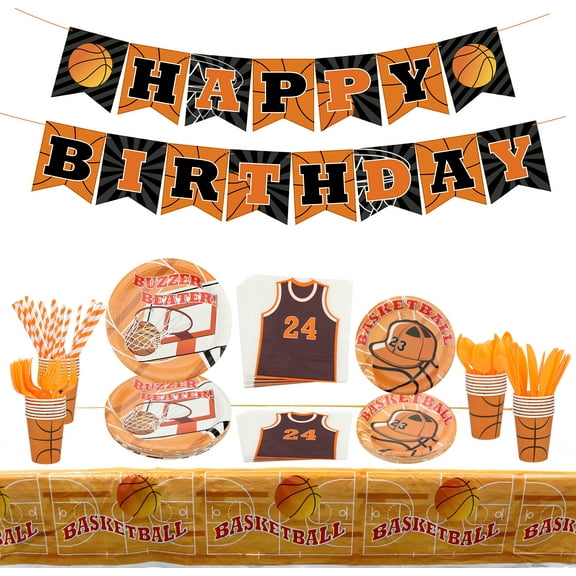 Basketball Party Supplies - Basketball Theme Birthday Party Decoration Set Including HAPPY BIRTHDAY Banner, Plates, Cups, Napkins, Tableware, and Tablecloth - Serves 20 (A)