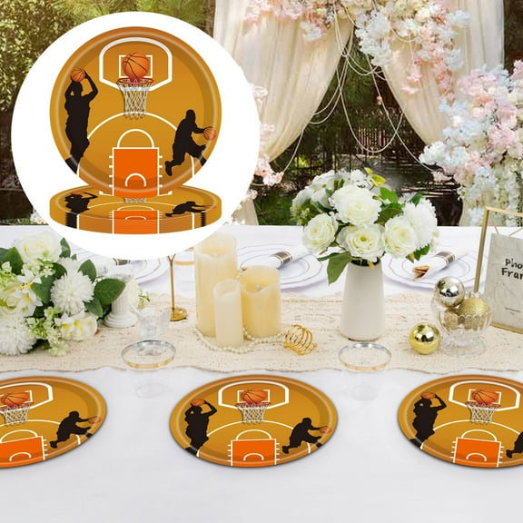 Basketball Party Supplies Disposable Paper Tableware Set 16 Pieces Plates Napkins Tablecloths Birthday Decoration Complete Kit for Kids Event Fast Cleanup Convenient Use