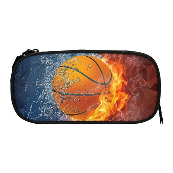Basketball Pencil Case, Cool Sports Pencil Box With Print Water & Fire Pattern, Personalized Pencil Holder With Zipper Pen Pouch Desk Organizer Travel Stationery Bag,Pencil Bags With Zipper