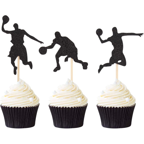 Basketball Player Cupcake Toppers, Black Glitter, Sports Theme Party Decorations, 12 Pack