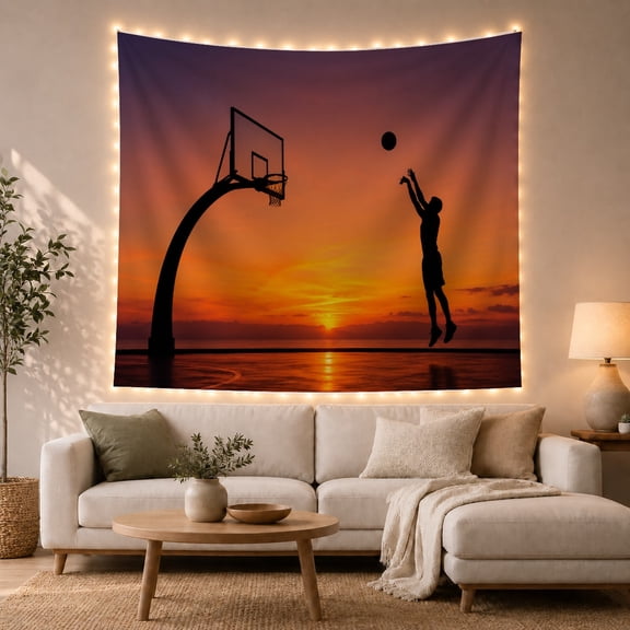 Basketball Player Leaping with Ball Against Sunset Sky, Dramatic Inspirational Digital Art for Sports Fans, Athletic Wall Art Decor, Birthday Gift Tapestry Wall Hanging for Dorm Room and Bedroom