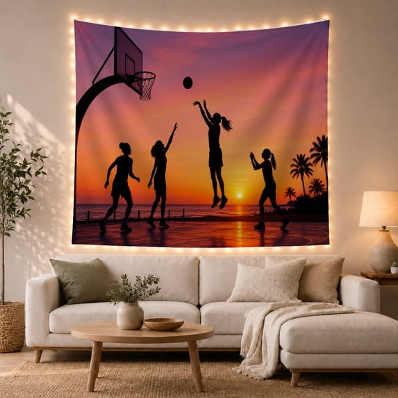 Basketball Player Silhouettes on Outdoor Court at Sunset, Dramatic Boho for Sports Fans, Dynamic Silhouette Art, Birthday Gift Tapestry Wall Hanging for Teen Bedroom and Living Room
