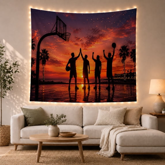Basketball Player Silhouettes at Sunset Court with Ocean and Palm Trees, Dramatic Boho for Teen Boys, Team Sport Wall Art, Birthday Gift Tapestry Wall Hanging for Dorm and Game Room