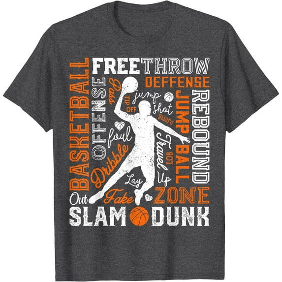 Basketball Player Slam Dunk Typography Word Art Vintage Men Softstyle T-Shirt for Men Women Kids,Dark Heather Grey Color,Size XL