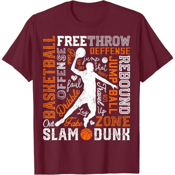 Basketball Player Slam Dunk Typography Word Art Vintage Men Softstyle T-Shirt for Men Women Kids,Maroon Color,Size XL