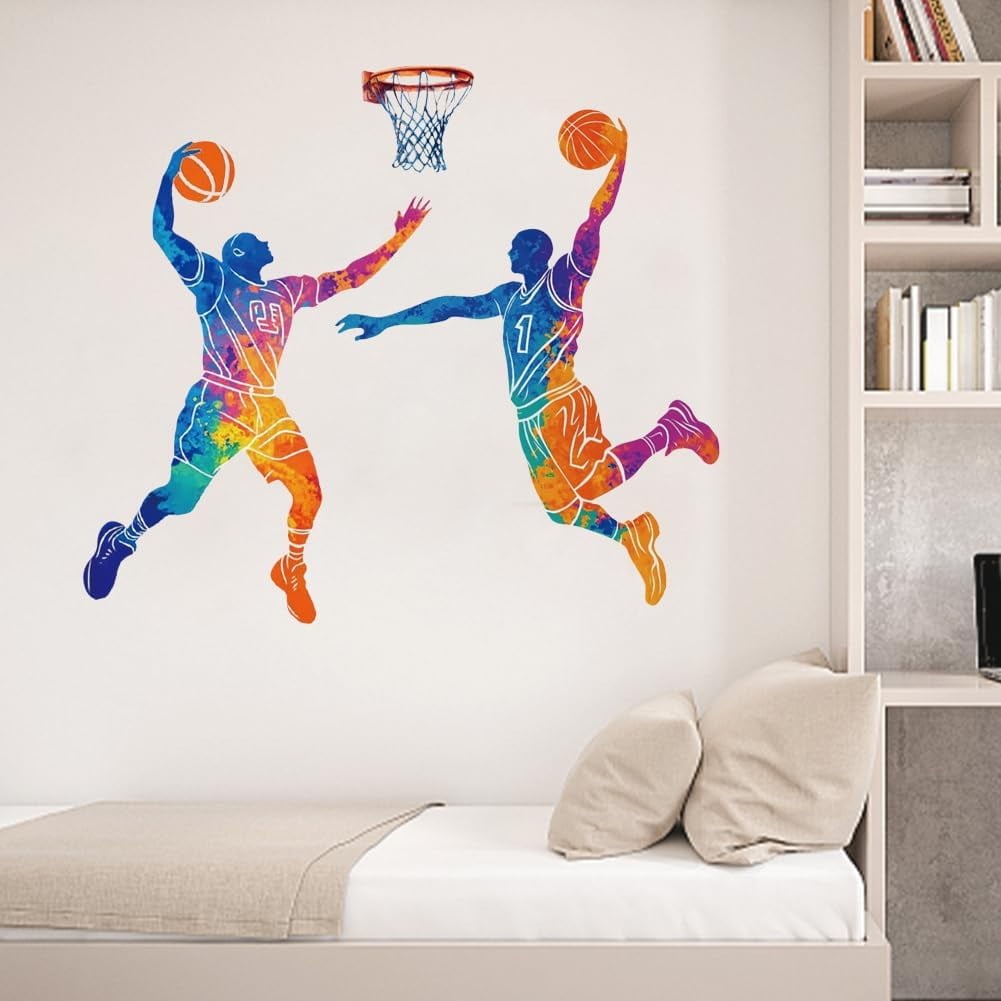 Basketball Player Wall Stickers Watercolor Wall Decal Sports Wall Art Decor Colorful Window Sticker Art Decorations Decor for Basketball Gymnasium Classroom Playroom School