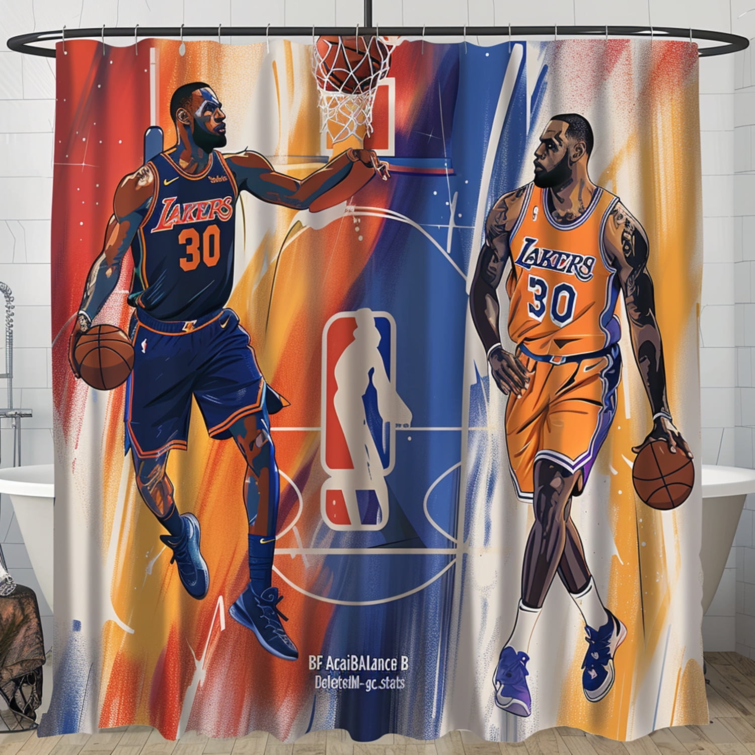 Basketball Players Shower Curtain Two Players with Ball and Hoop Design BFAcaiBALance B