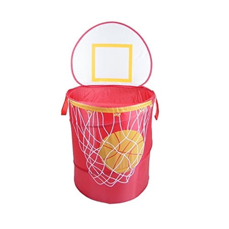 Basketball Pop-Up Round Hamper with Backboard for All Ages, Hot Red, White and Yellow, 18 inch Diameter x 34 inch Height (To Top of Backboard), Folds Flat for Storage