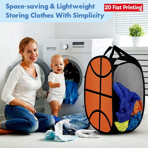 Basketball Print Foldable Laundry Hamper, Mesh Storage Basket with Handles for Dirty Clothes Toys Towels Sports Gear, Large Capacity Lightweight Space-Saving, for Dorms Small Spaces F