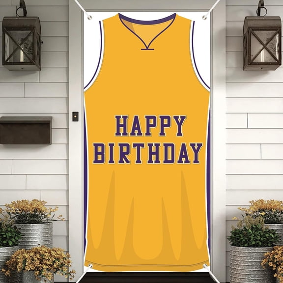 Basketball Purple Gold Jersey Birthday Backdrop Banner for Boys Men Sport Star Player Party Decor Door Cover Photography Background 35x72 Inch