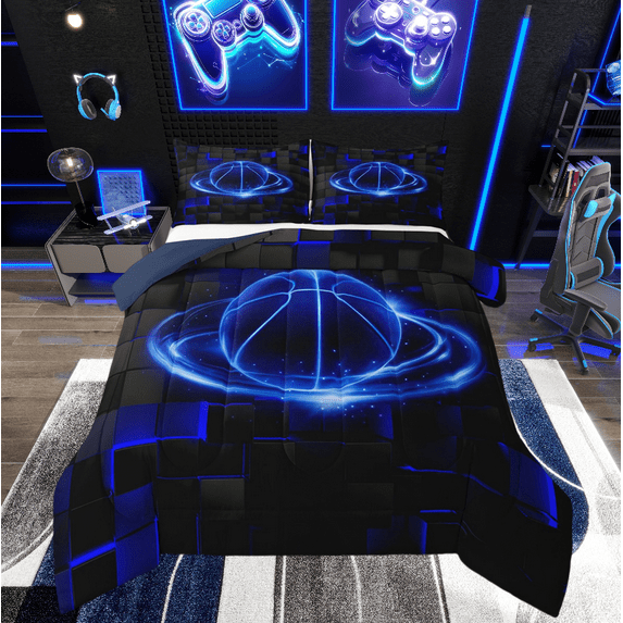 Basketball Queen Comforter Set Teens Adults,Neon Basketball Bedding Set,Geometric 3D Grid Down Comforter Bedroom Decor,Sports Game Bed Set