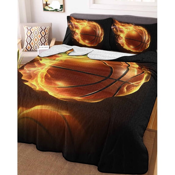 Basketball Queen Size Down Alternative Comforter, Lightweight Comforter Quilt Bedding Set with Pillow Shams Modern Buruning Flame Sport Black Background All Seasons Bed Comforter Duvet Insert 90"x96"