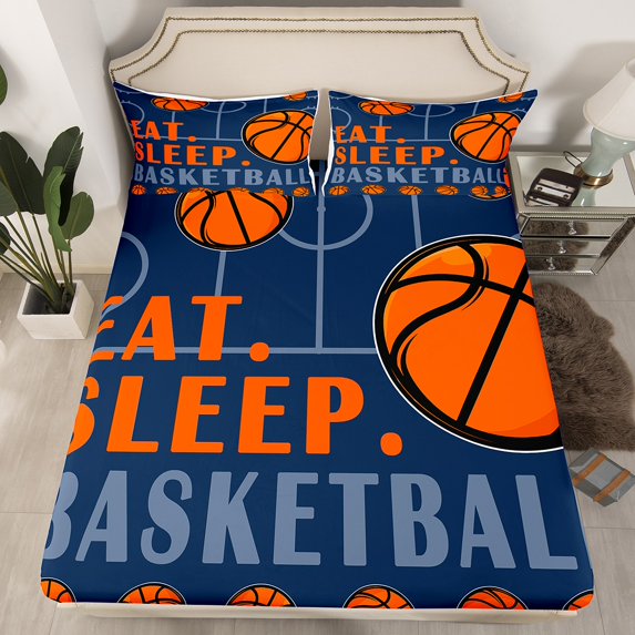 Basketball Queen Size Bed Sheets Sports Bedding Sets Teen Sport Game Ball Theme Fitted Sheet Basketball Decor Bedroom Sports Bed Set 3 Pcs Navy Blue Orange（No Top Sheet)