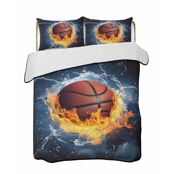 Basketball Quilts Bedding Set Queen Size Fire and Water Lightning Impact Lightweight Quilted Bedspread 3 Piece Bed Quilt with 2 Pillow Shams All Season for Bedroom 78" x 90"