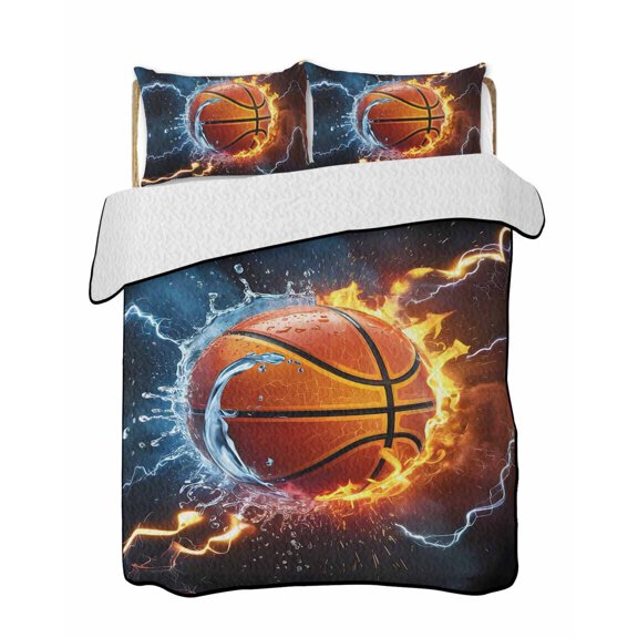 Basketball Quilts Bedding Set Queen Size Fire and Water Lightning Impact Lightweight Quilted Bedspread 3 Piece Bed Quilt with 2 Pillow Shams All Season for Bedroom 78" x 90"