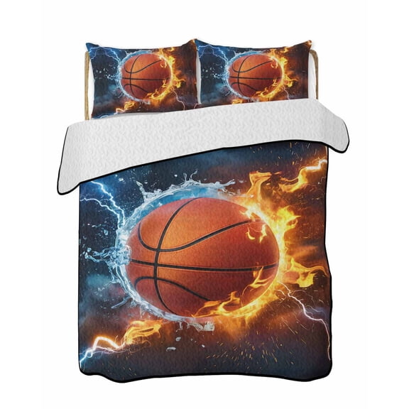 Basketball Quilts Bedding Set Queen Size Water and Fire Lightning Impact Lightweight Quilted Bedspread 3 Piece Bed Quilt with 2 Pillow Shams All Season for Bedroom 78" x 90"