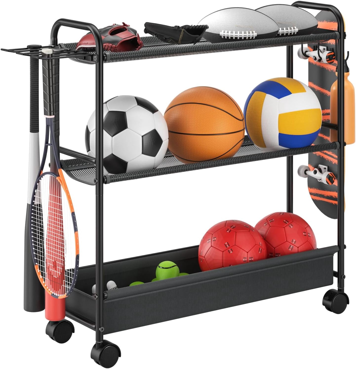 Basketball Rack 3-Shelf Training Stand, Garage Sports Equipment ...