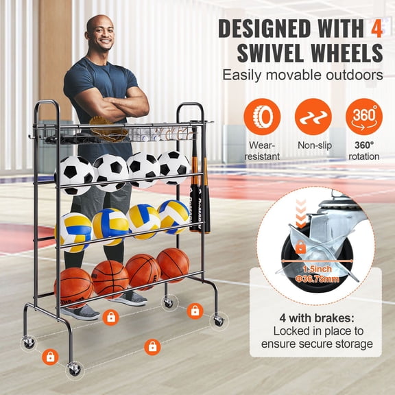 Basketball Rack, 4-Layers Rolling Basketball Shooting Training Stand, Sports Equipment Storage Organizer with Wheels, Hooks and Baskets, Garage Ball S