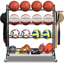 Basketball Rack, Rolling Basketball Shooting Training Stand,Sports Equipment Storage with Wheels, Four-Layer Organizer Holder with Two Basket for Basketballs Footballs Volleyball