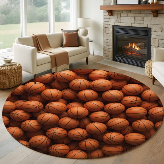 Basketball Round Area Rug 8Ft Washable Large Circle Rugs for Living Room Dorm, Modern Chic Classic Sports Balls Textured Non-Slip Carpet Floor Mats Indoor Outdoor Carpet Runner Aesthetic Home Decor