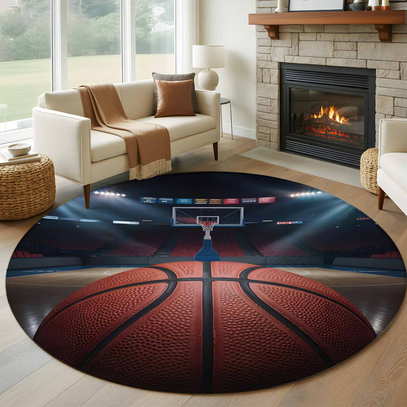 Basketball Round Area Rug 8Ft Washable Large Circle Rugs for Living ...